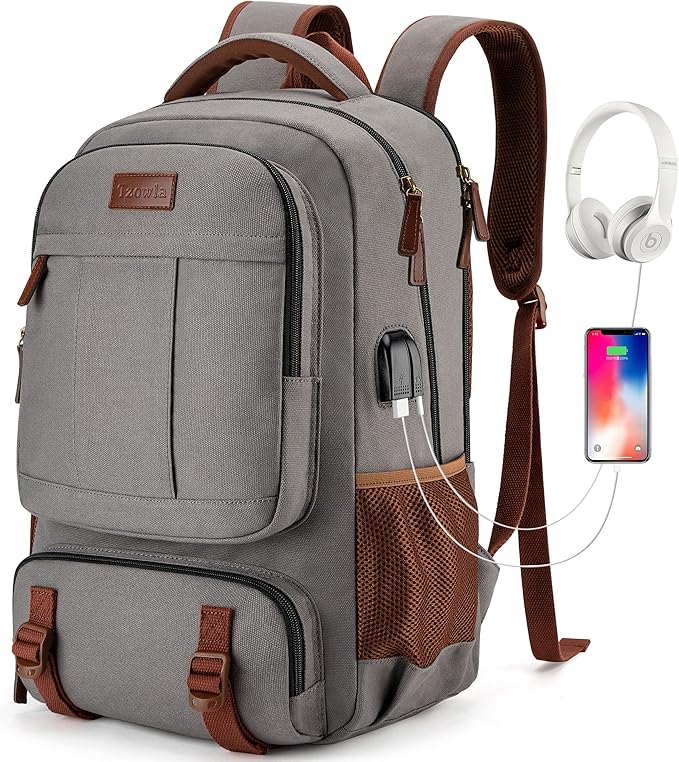 Tzowla Canvas Laptop Backpack, Bag for Men Women,Travel Work Rucksack Fits 17.3 Inch Laptop, Bookbag with USB Charging Port