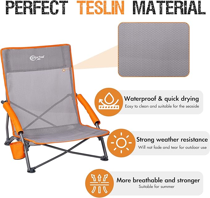 PORTAL Beach Chairs for Adults Camping Low Lightweight Portable Chair with Cup Holder Mesh Back Carry Bag for Outdoor Sand Lawn Travel Picnic Festival Concert, 350LBS