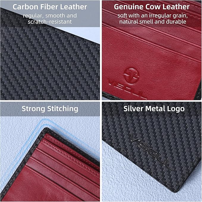 VISOUL Wallet for Men with 2 ID Windows 8 Credit Card Slots 2 Cash Compartments, Carbon Fiber Leather Bifold Mens Wallet with RFID Blocking (Carbon Fiber Black+Burgundy)