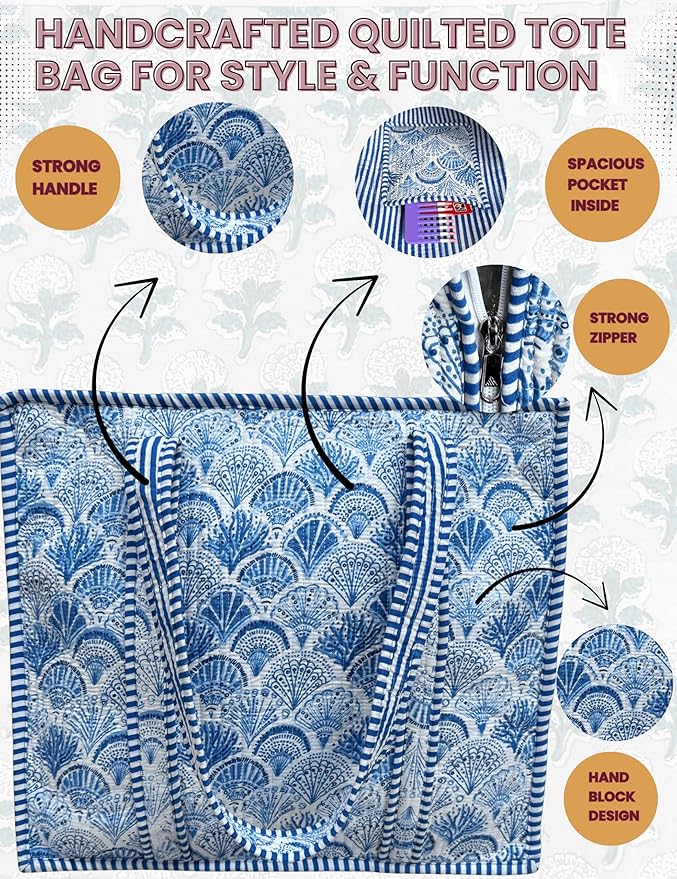 Cotton Quilted Tote Bag for Women – Large Beach & Travel Tote with Zipper, Reusable Grocery Bag